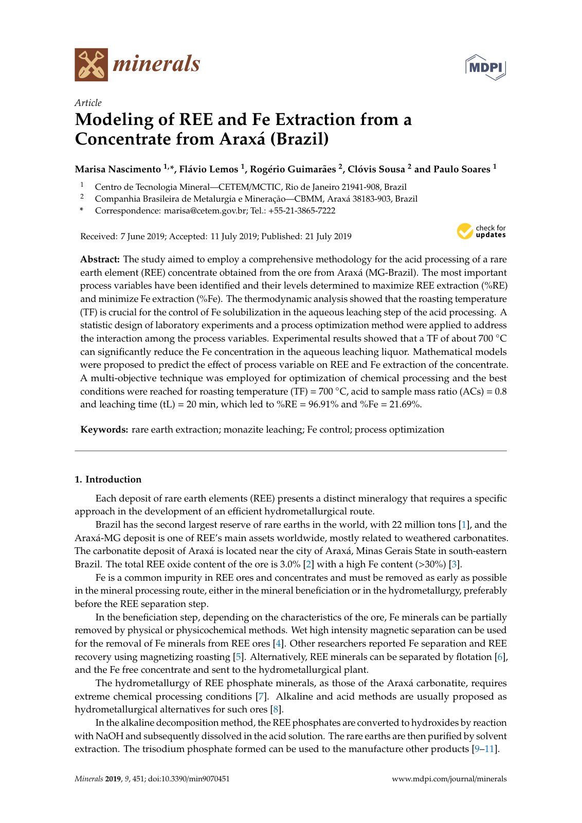 First page of Modeling of REE and Fe Extraction from a Concentrate from Araxá (Brazil)