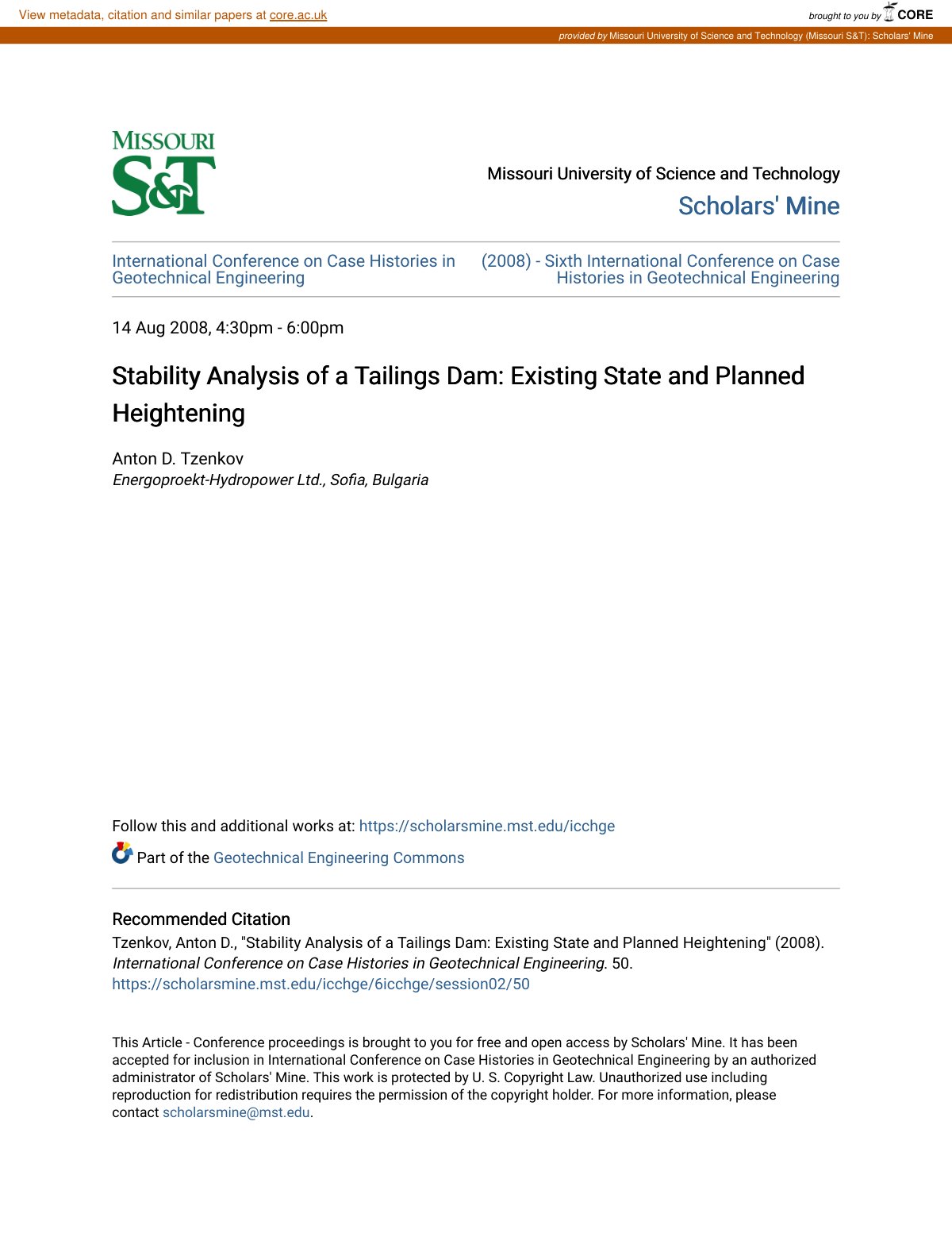 First page of Stability Analysis of a Tailings Dam Exi