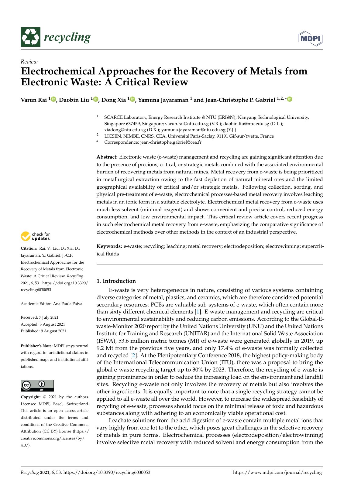 First page of Electrochemical Approaches for the Recovery of Metals from Electronic Waste: A Critical Review