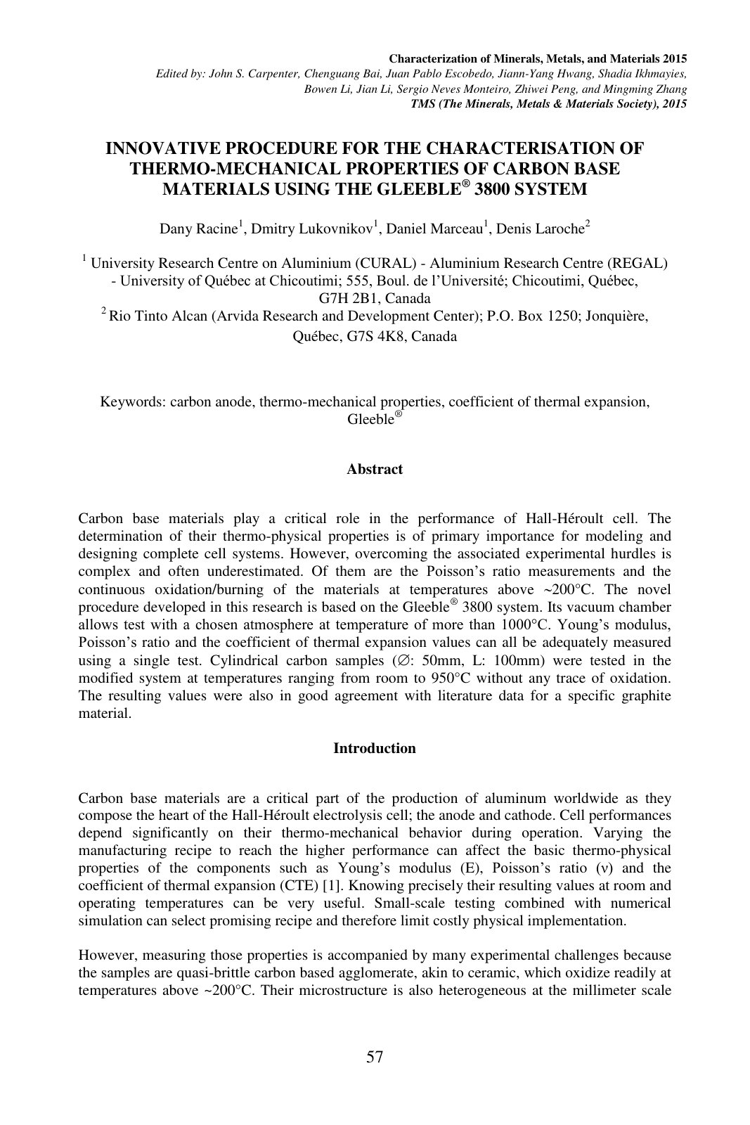 First page of INNOVATIVE PROCEDURE FOR THE CHARACTERISATION OF THERMO-MECHANICAL PROPERTIES OF CARBON BASE MATERIALS USING THE GLEEBLE® 3800 SYSTEM