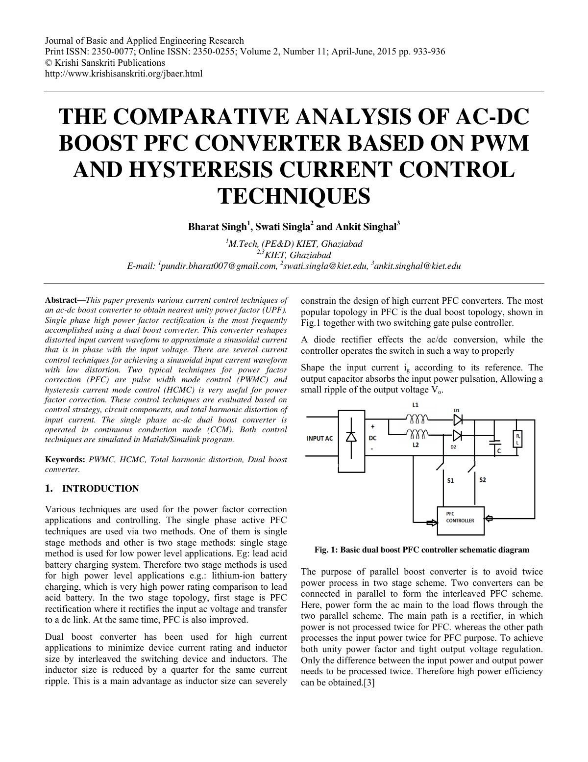 First page of THE COMPARATIVE ANALYSIS OF AC-DC BOOST PFC CONVERTER BASED ON PWM AND HYSTERESIS CURRENT CONTROL TECHNIQUES