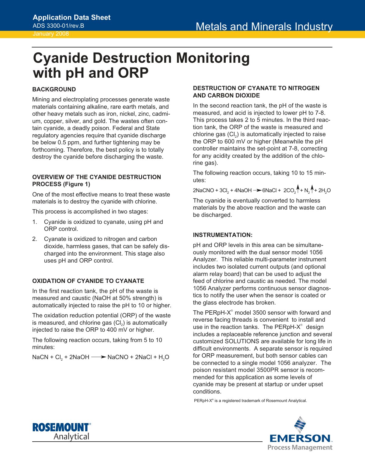 First page of application data sheet cyanide destruction monitoring ph orp rosemount en 68412