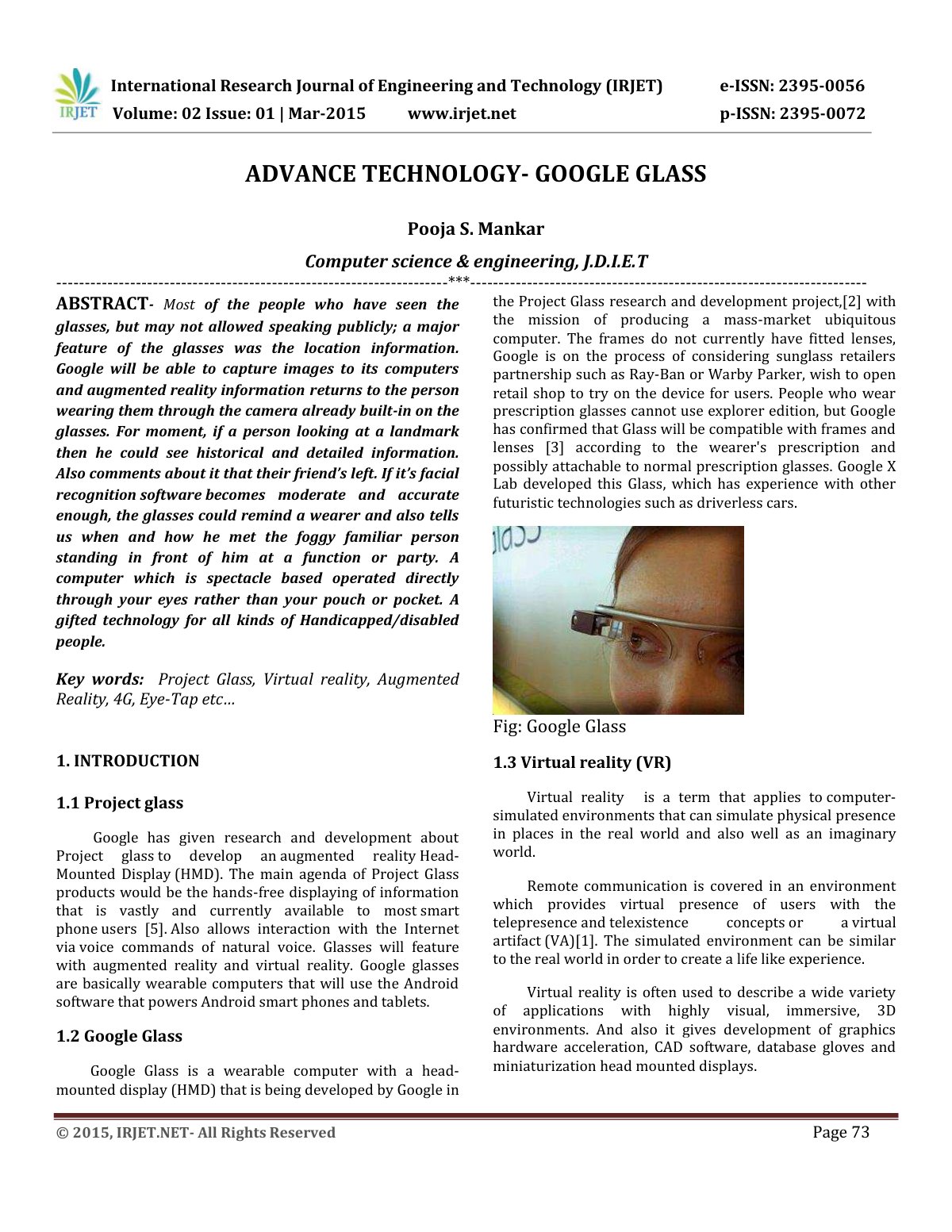First page of IRJET ADVANCE TECHNOLOGY GOOGLE GLASS