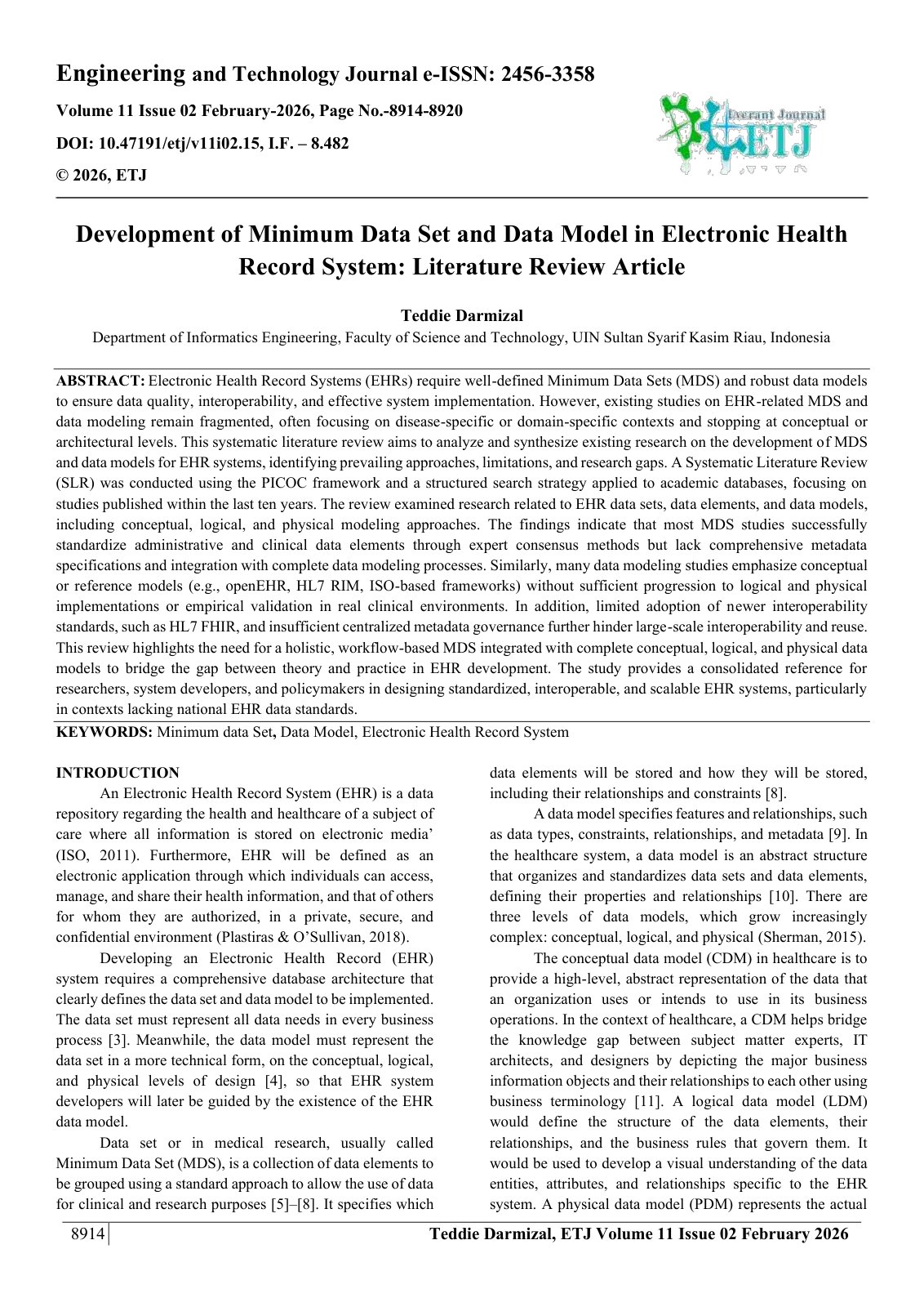First page of Development of Minimum Data Set and Data Model in Electronic Health  Record System: Literature Review Article