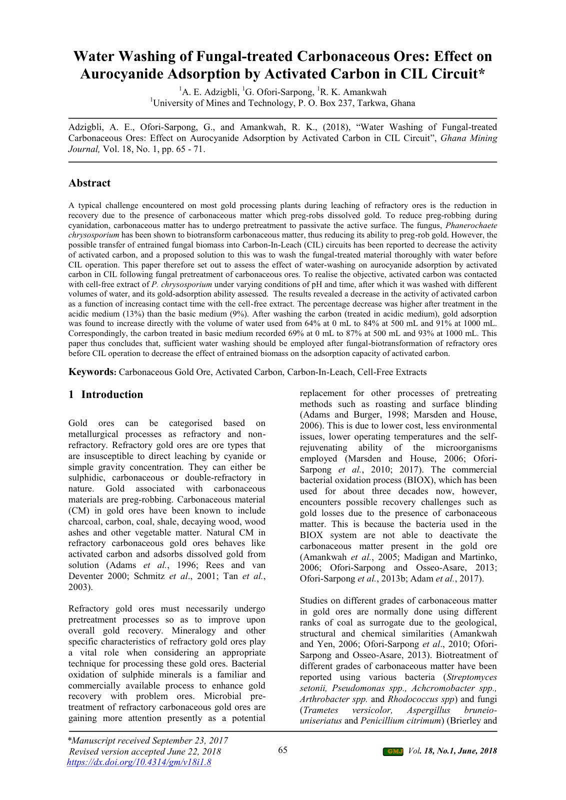First page of Water Washing of Fungal-treated Carbonaceous Ores: Effect on Aurocyanide Adsorption by Activated Carbon in CIL Circuit