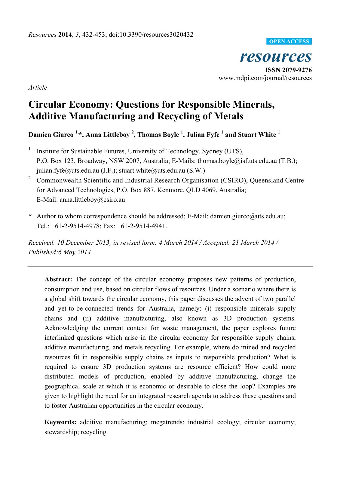 First page of Circular Economy: Questions for Responsible Minerals, Additive Manufacturing and Recycling of Metals