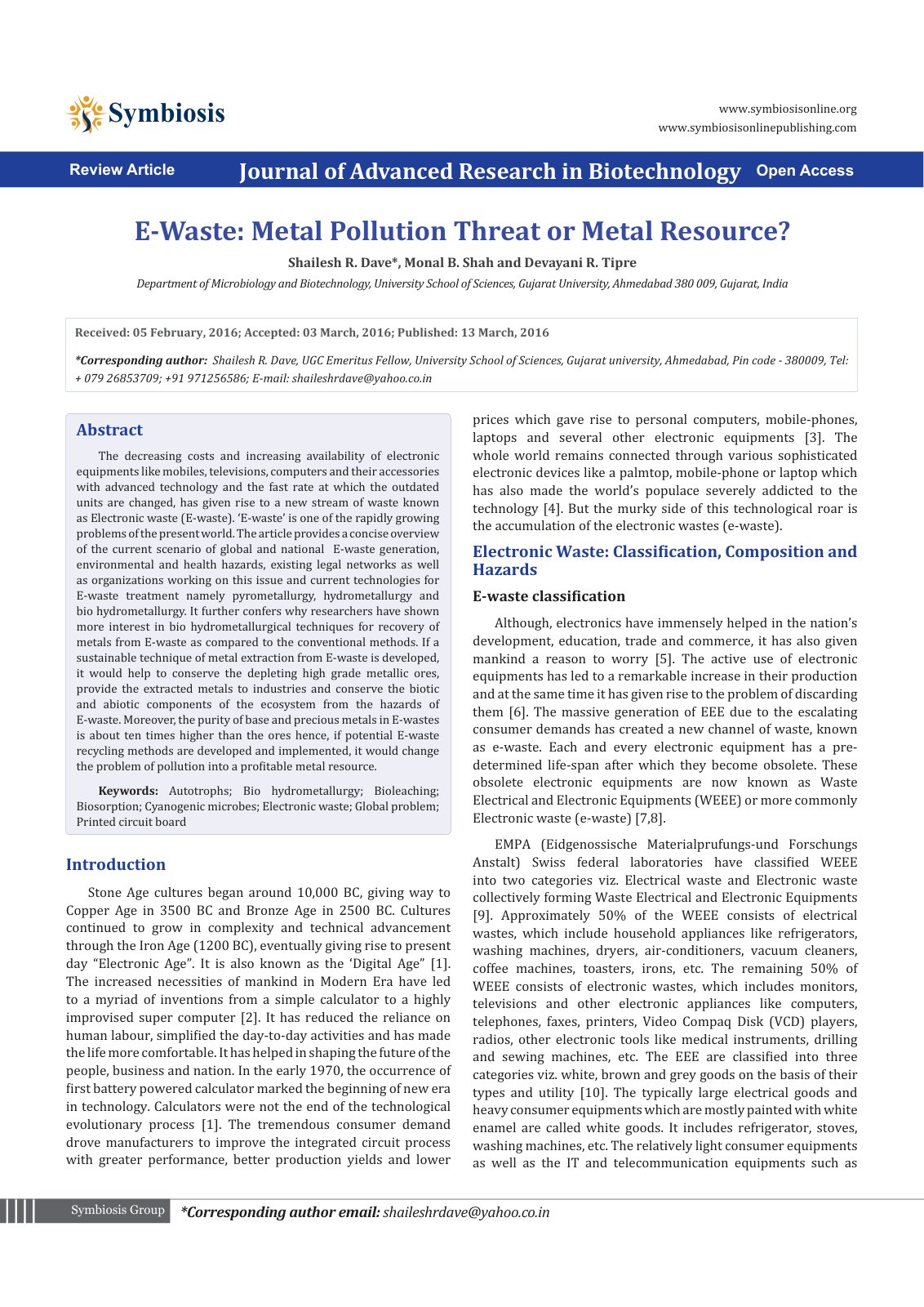 First page of E-Waste: Metal Pollution Threat or Metal Resource?