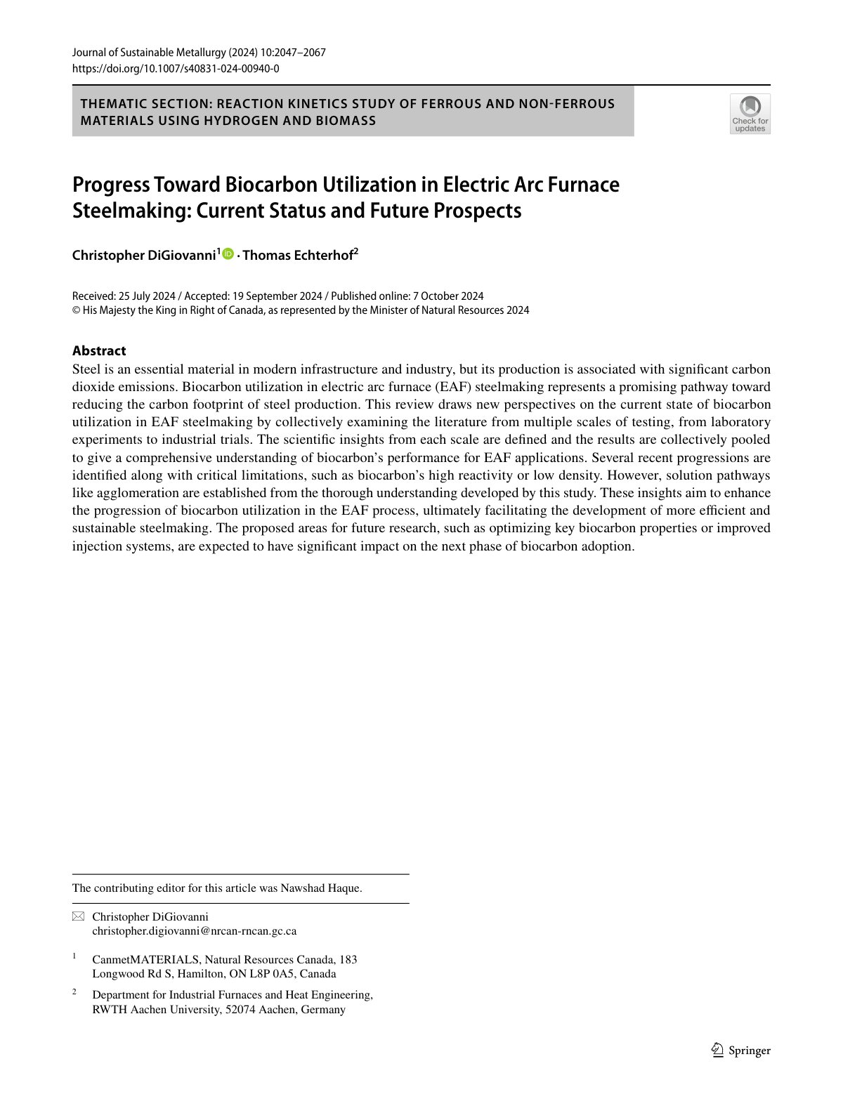 First page of Progress Toward Biocarbon Utilization in Electric Arc Furnace Steelmaking: Current Status and Future Prospects
