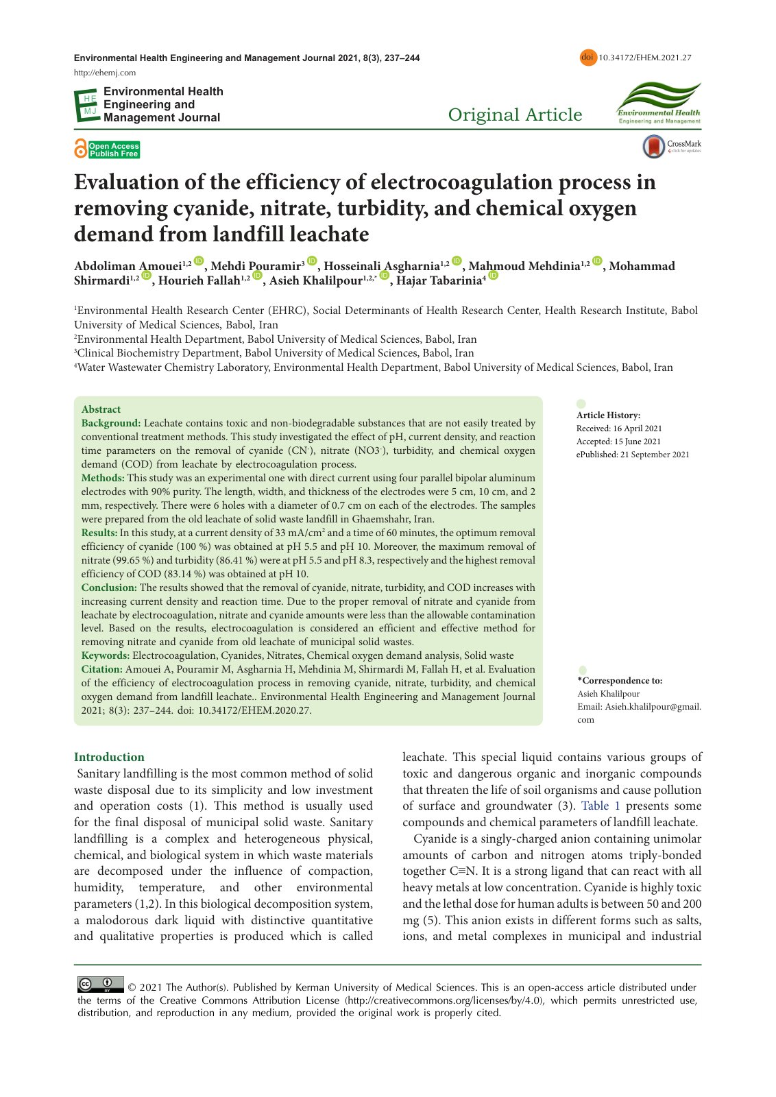 First page of Evaluation of the efficiency of electrocoagulation process in removing cyanide, nitrate, turbidity, and chemical oxygen demand from landfill leachate