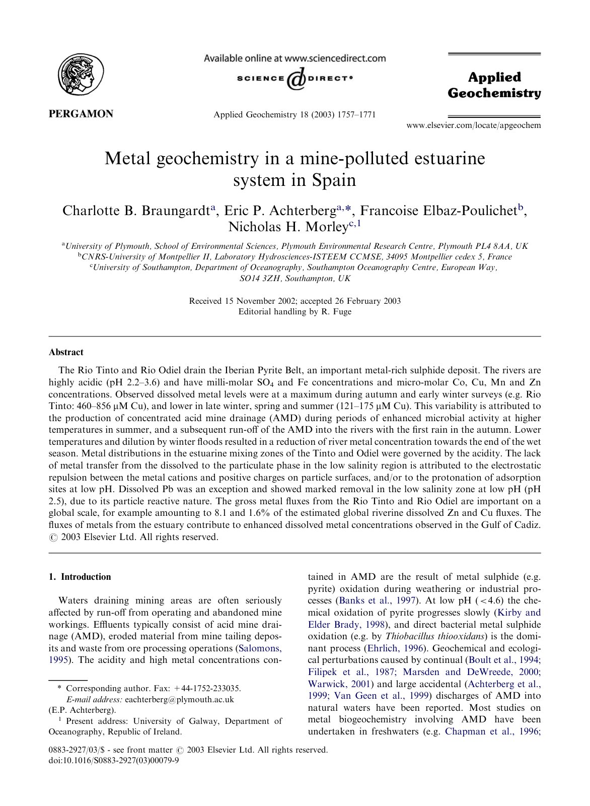 First page of Metalgeochemistryinamine-pollutedestuarinesysteminSpain