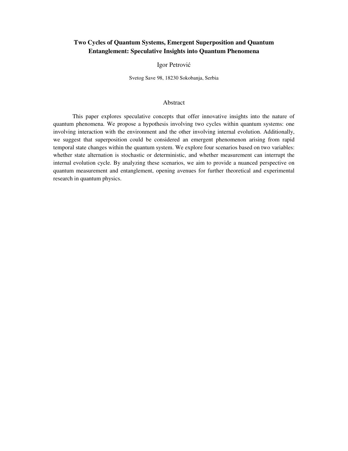 First page of Two Cycles of Quantum Systems Emergent S