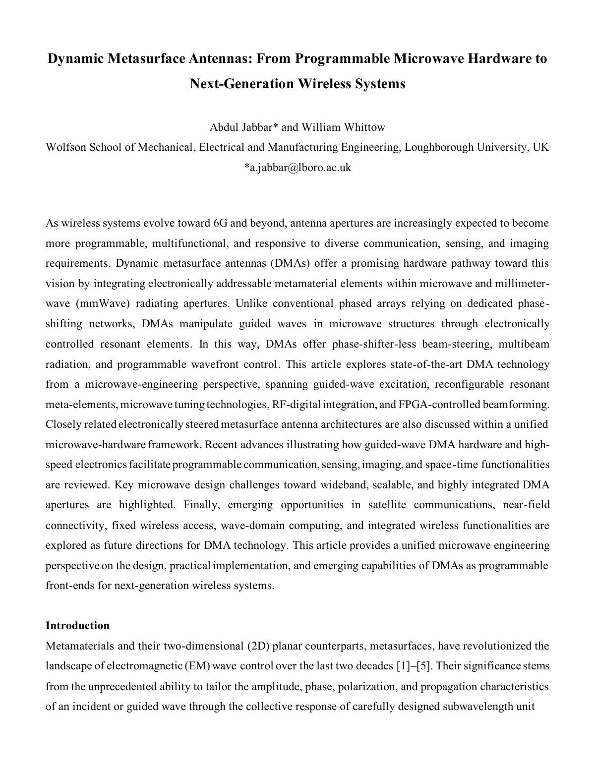 First page of Dynamic Metasurface Antennas: From Programmable Microwave Hardware to Next-Generation Wireless Systems