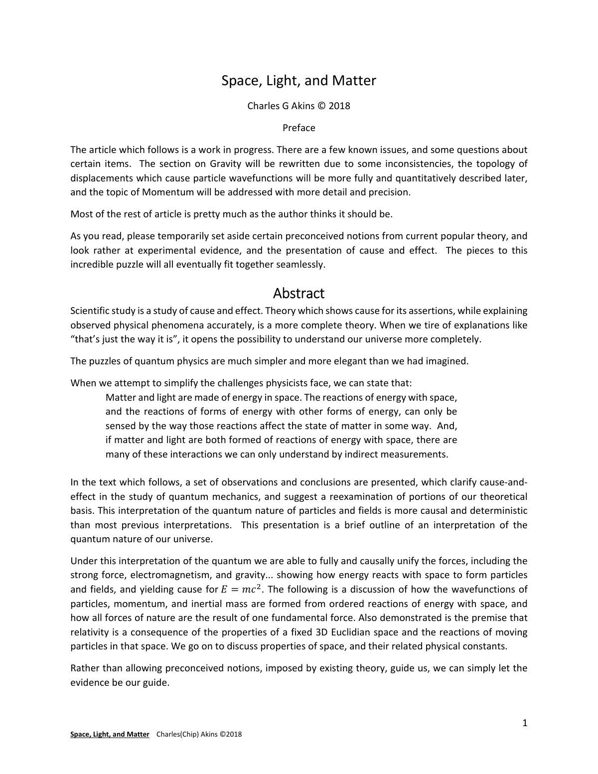 First page of Space Light and Matter a work in progres