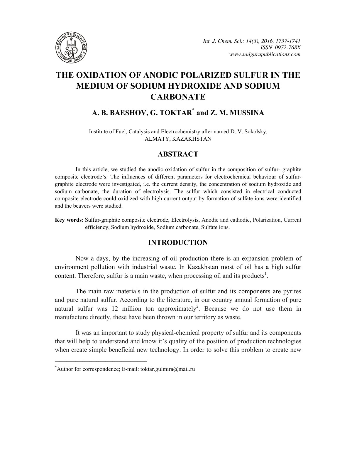 First page of The Oxidation of Anodic Polarized Sulfur