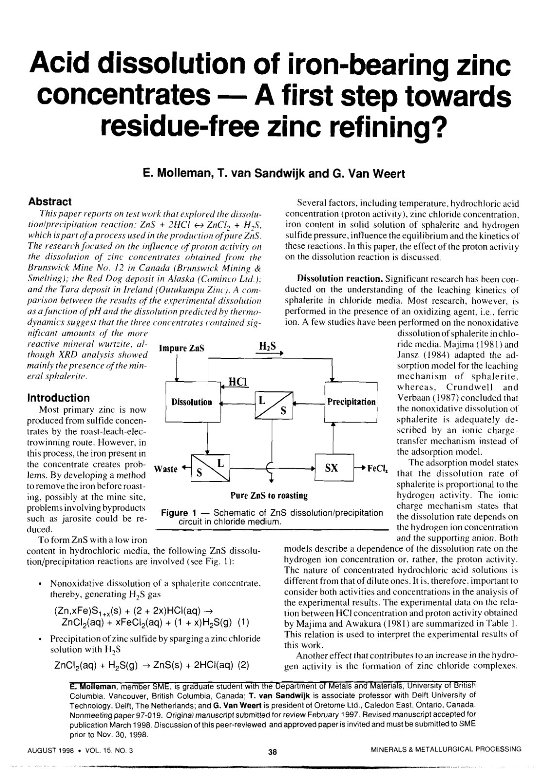 First page of Acid dissolution of iron bearing zinc concentrates   A first step towards residue free zinc refining