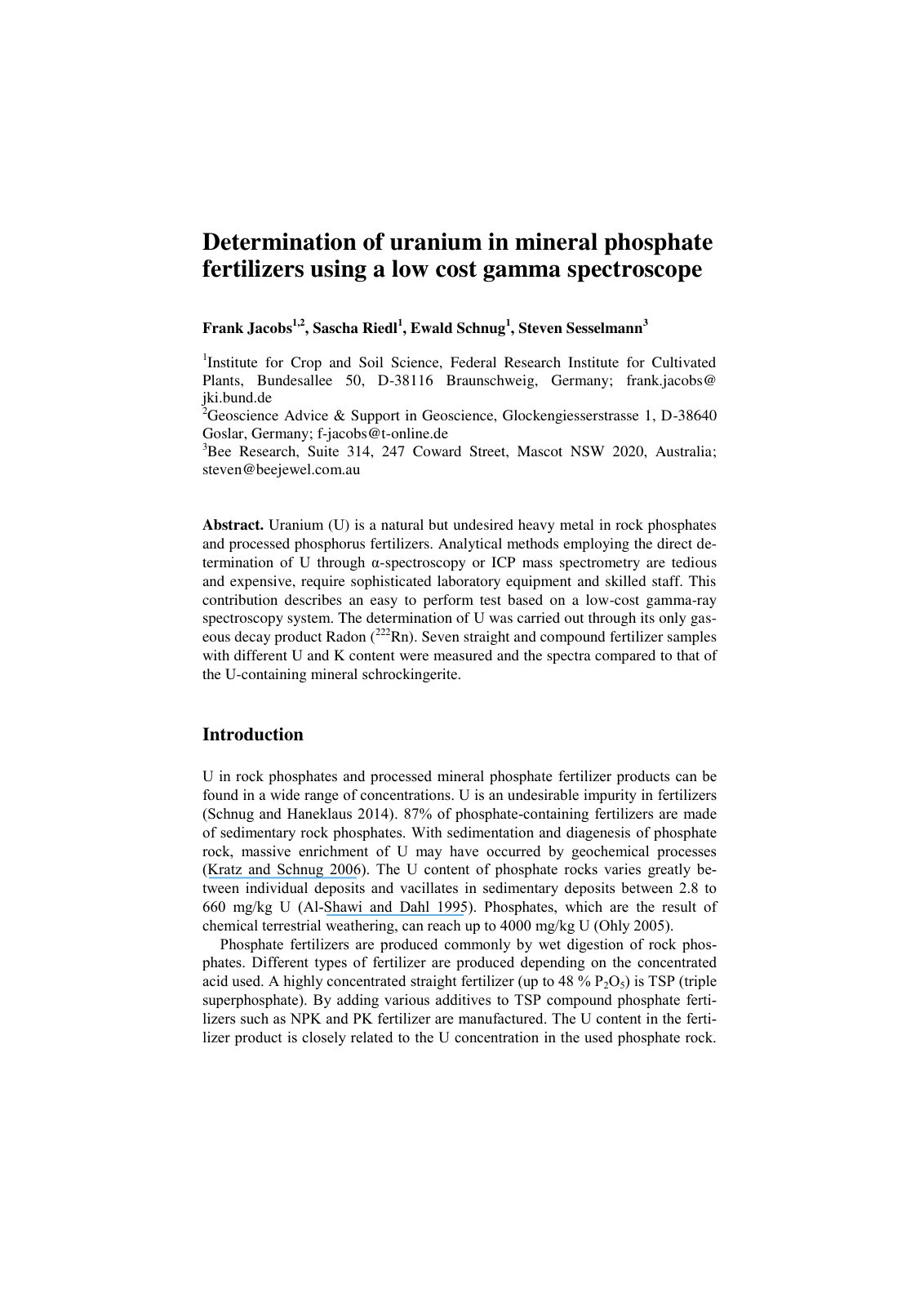 First page of Determination of uranium in mineral phosphate fertilizers using a low cost gamma spectroscope