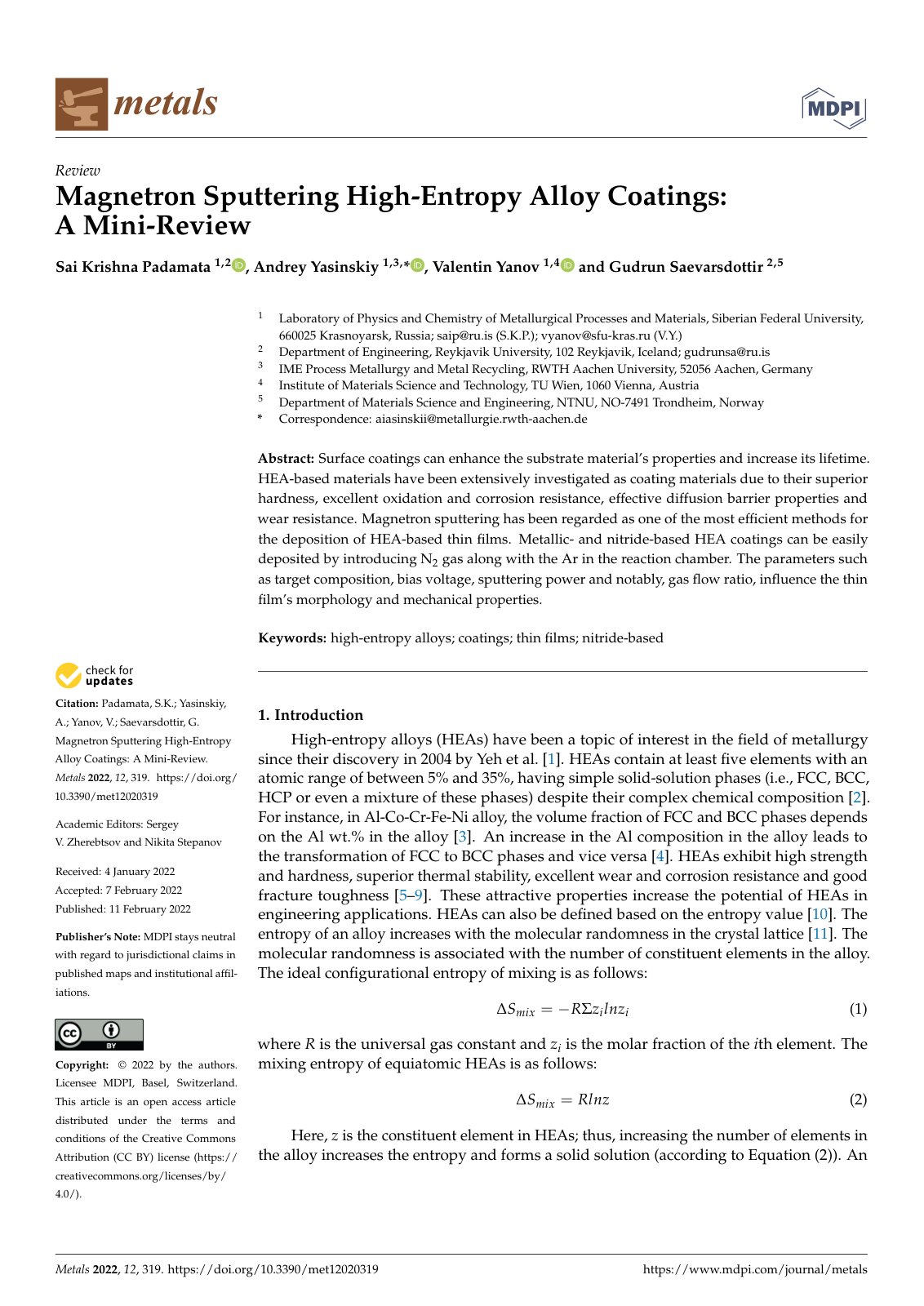 First page of Magnetron Sputtering High Entropy Alloy