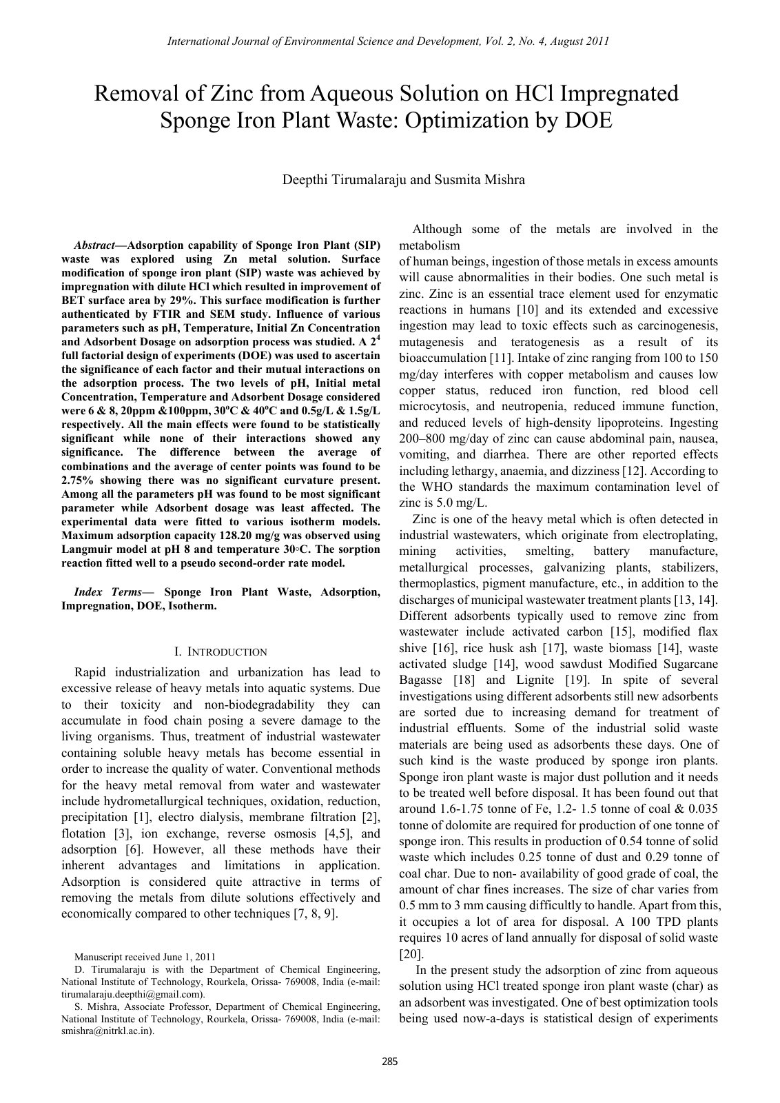 First page of Adsorption capability of Sponge Iron Plant waste using Zn metal solution