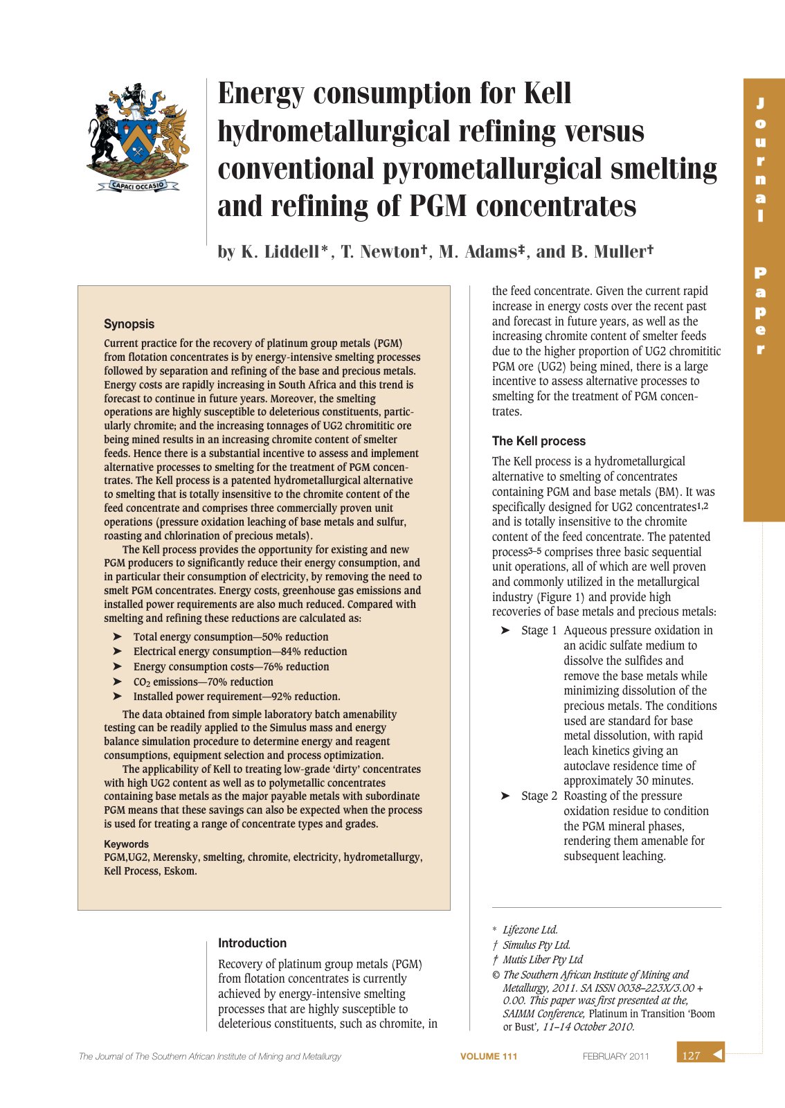 First page of Energy consumption for Kell hydrometallurgical refining versus conventional pyrometallurgical smelting and refining of PGM concentrates