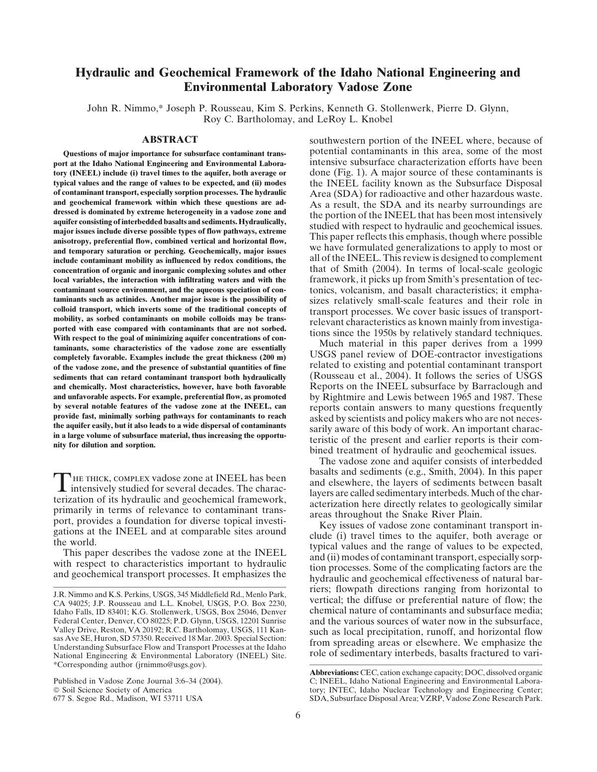 First page of Hydraulic and Geochemical Framework of the Idaho National Engineering and Environmental Laboratory Vadose Zone