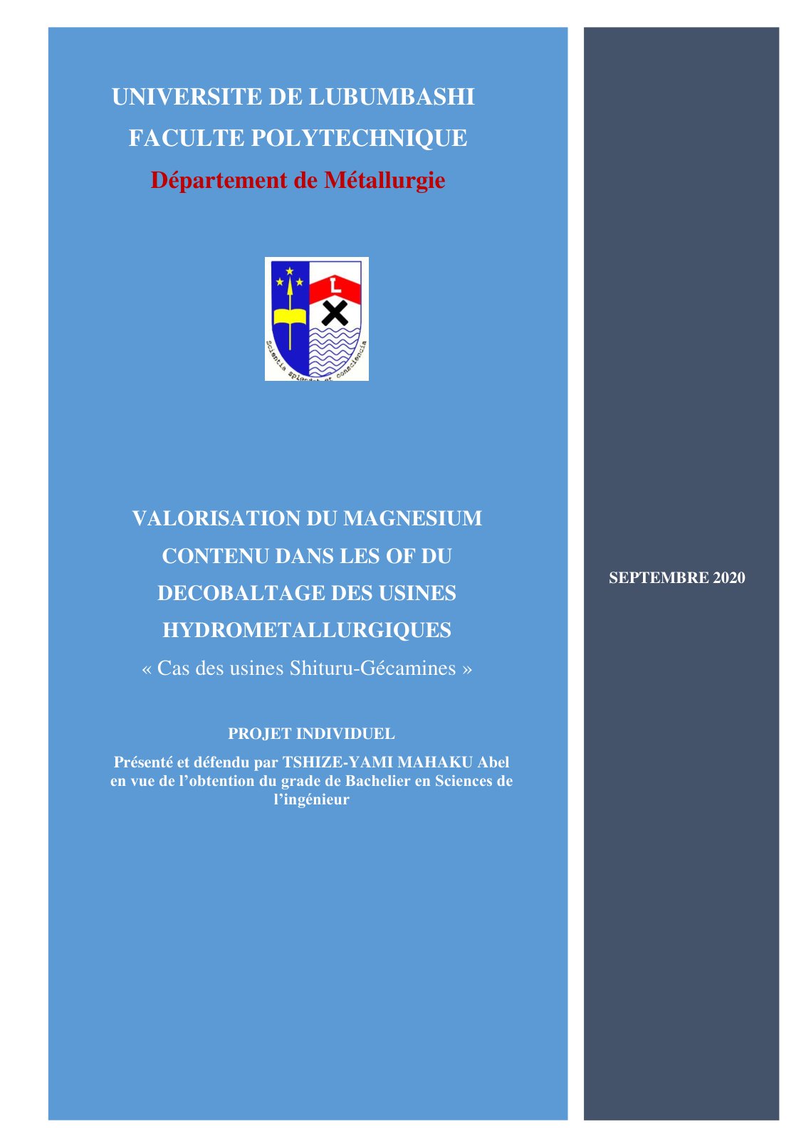 First page of Memoire de fin de cycle TSHIZE YAMI MAHA