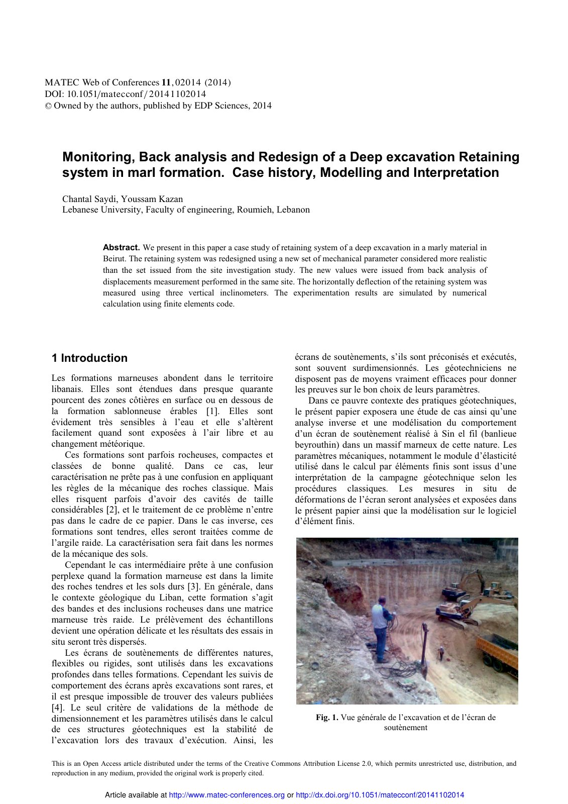 First page of Monitoring, Back analysis and Redesign of a Deep excavation Retaining system in marl formation. Case history, Modelling and Interpretation