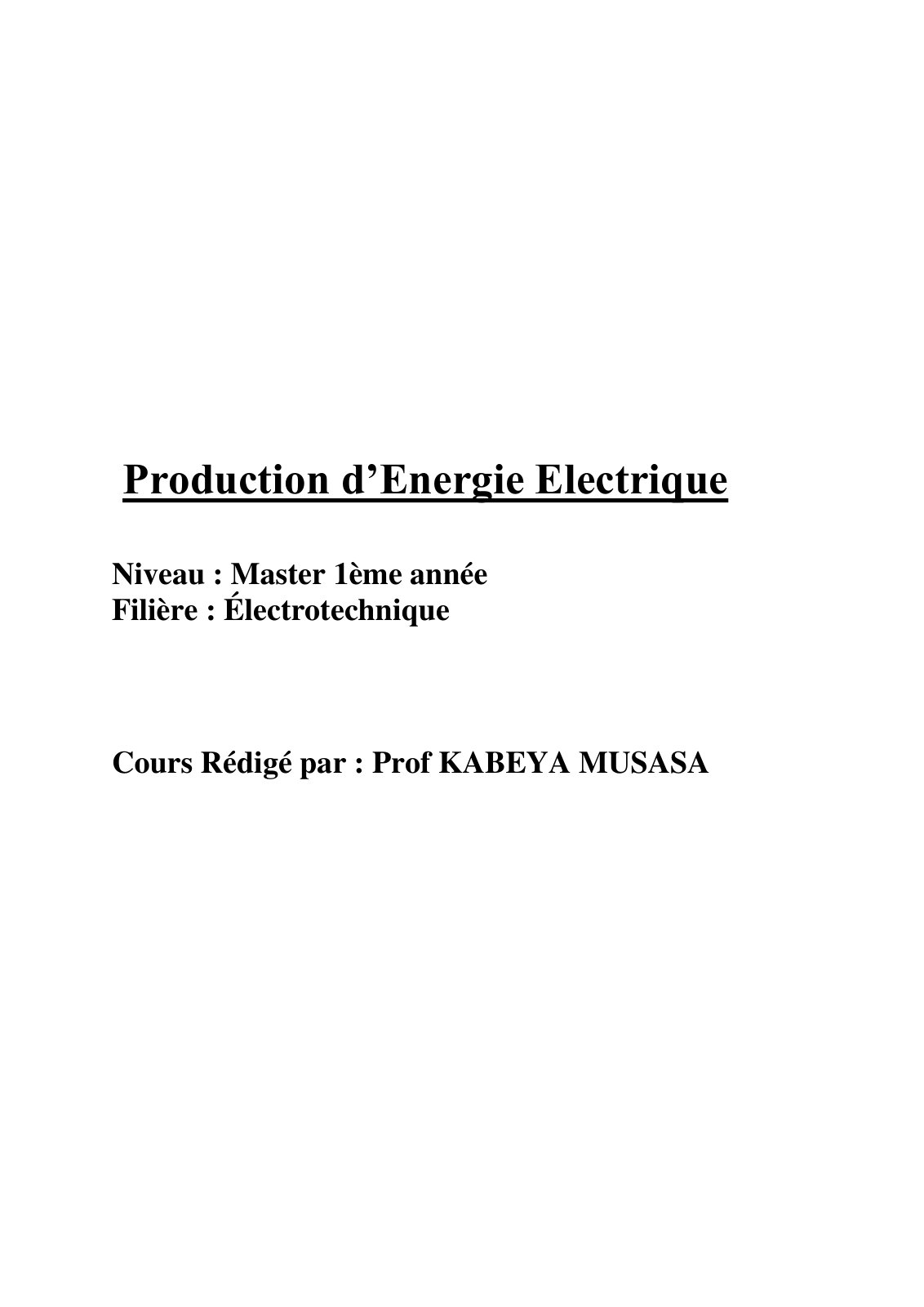 First page of Cours  Production d'Energie Electrique
