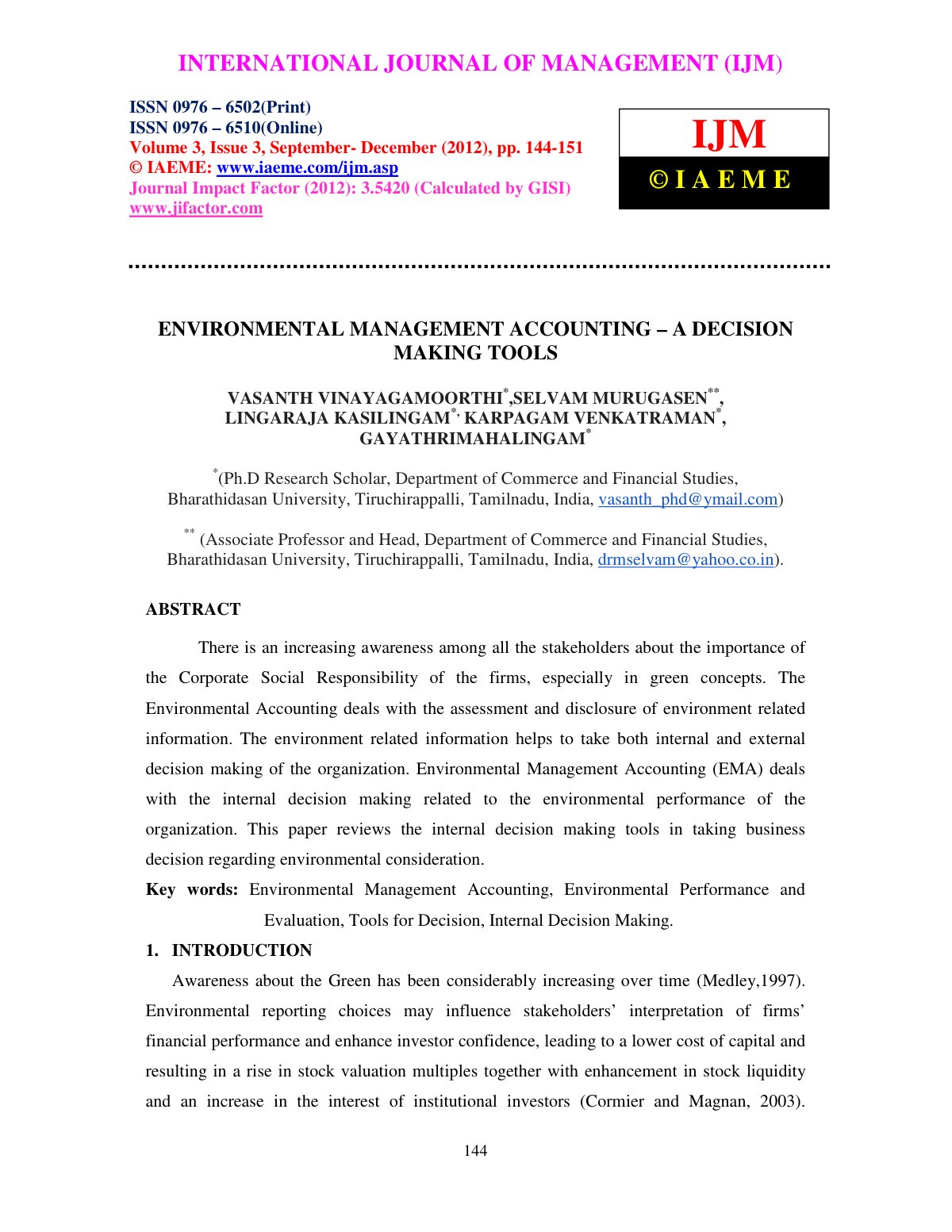 First page of ENVIRONMENTAL MANAGEMENT ACCOUNTING A DE