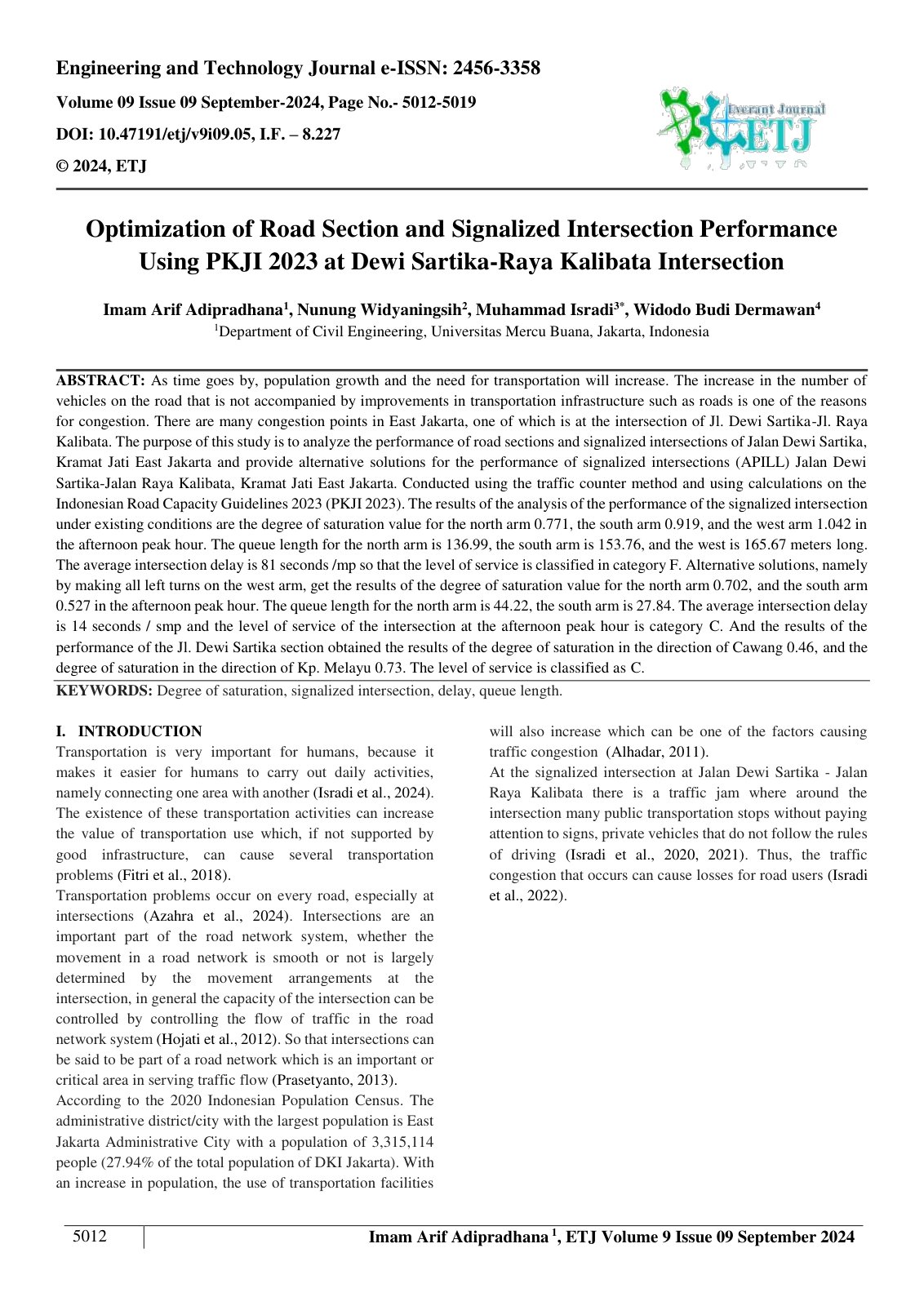 First page of Optimization of Road Section and Signalized Intersection Performance 