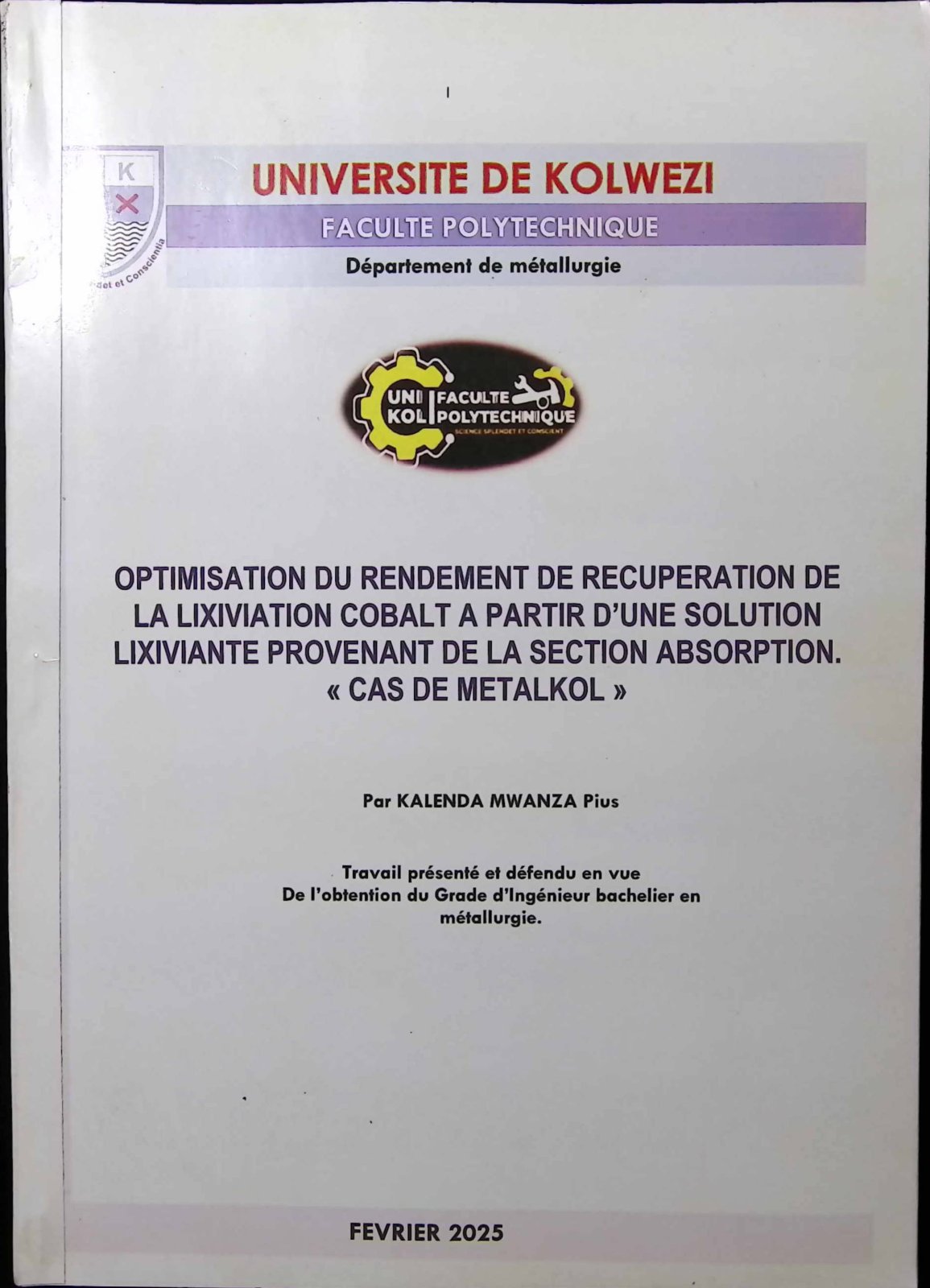 First page of OPTIMISATION DU RENDEMENT DE RECUPERATION DE LA LIXIVIATION COBALT A PARTIR D’UNE SOLUTION LIXIVIANTE PROVENANT DE LA SECTION ABSORPTION.