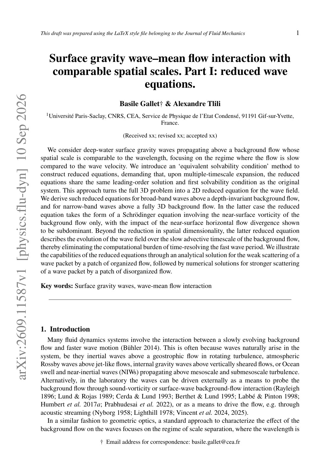 First page of 2026 Gallet Surface Gravity Wave Mean Flow Part I