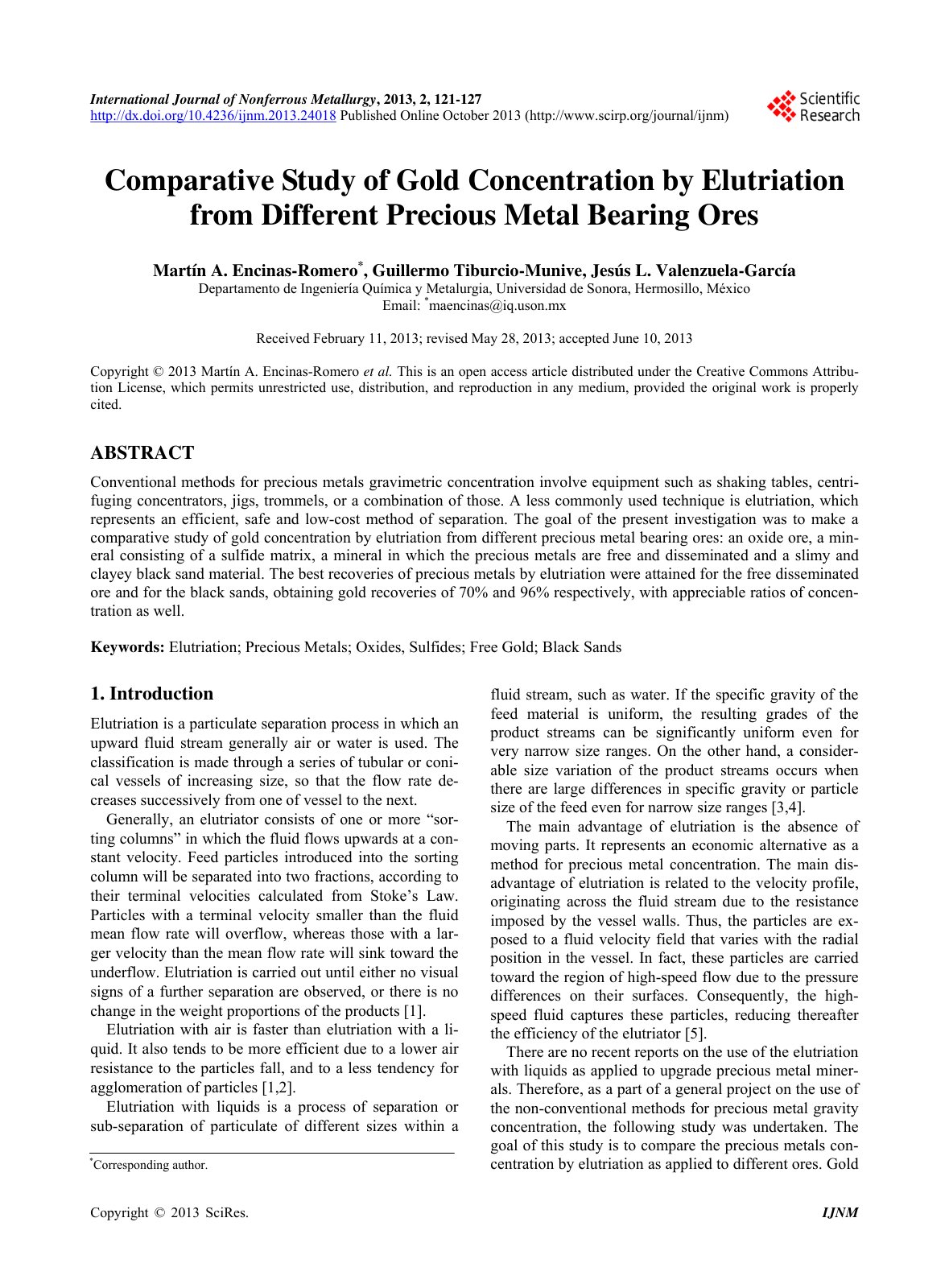 First page of Comparative Study of Gold Concentration by Elutriation from Different Precious Metal Bearing Ores