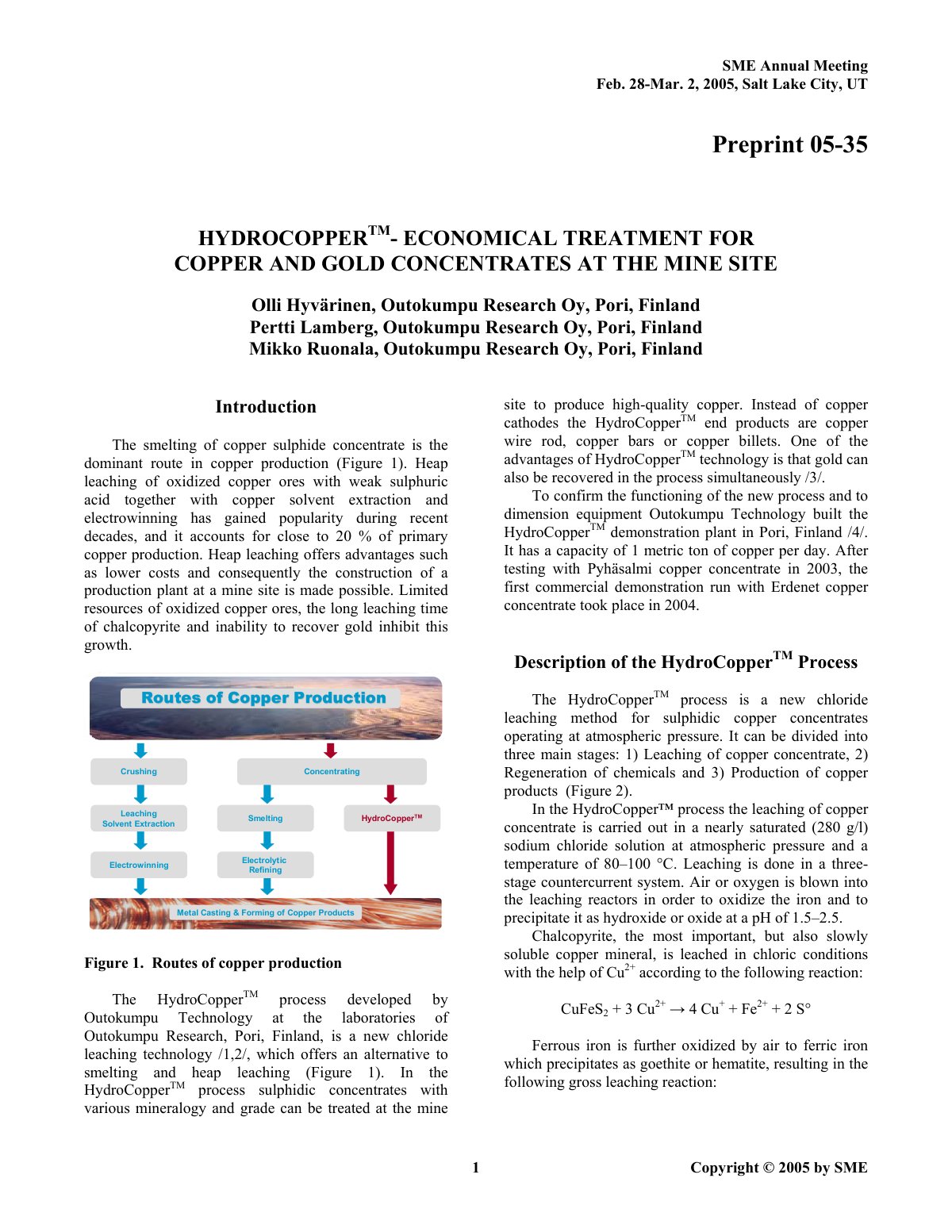 First page of HYDROCOPPERTM- ECONOMICAL TREATMENT FOR COPPER AND GOLD CONCENTRATES AT THE MINE SITE