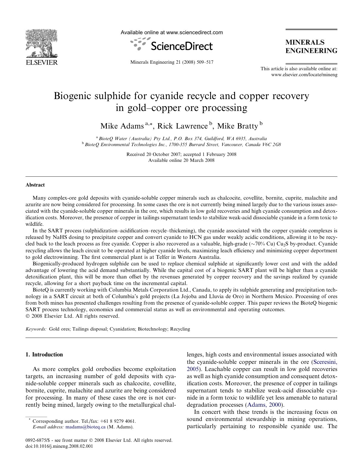 First page of Biogenic sulphide for cyanide recycle an