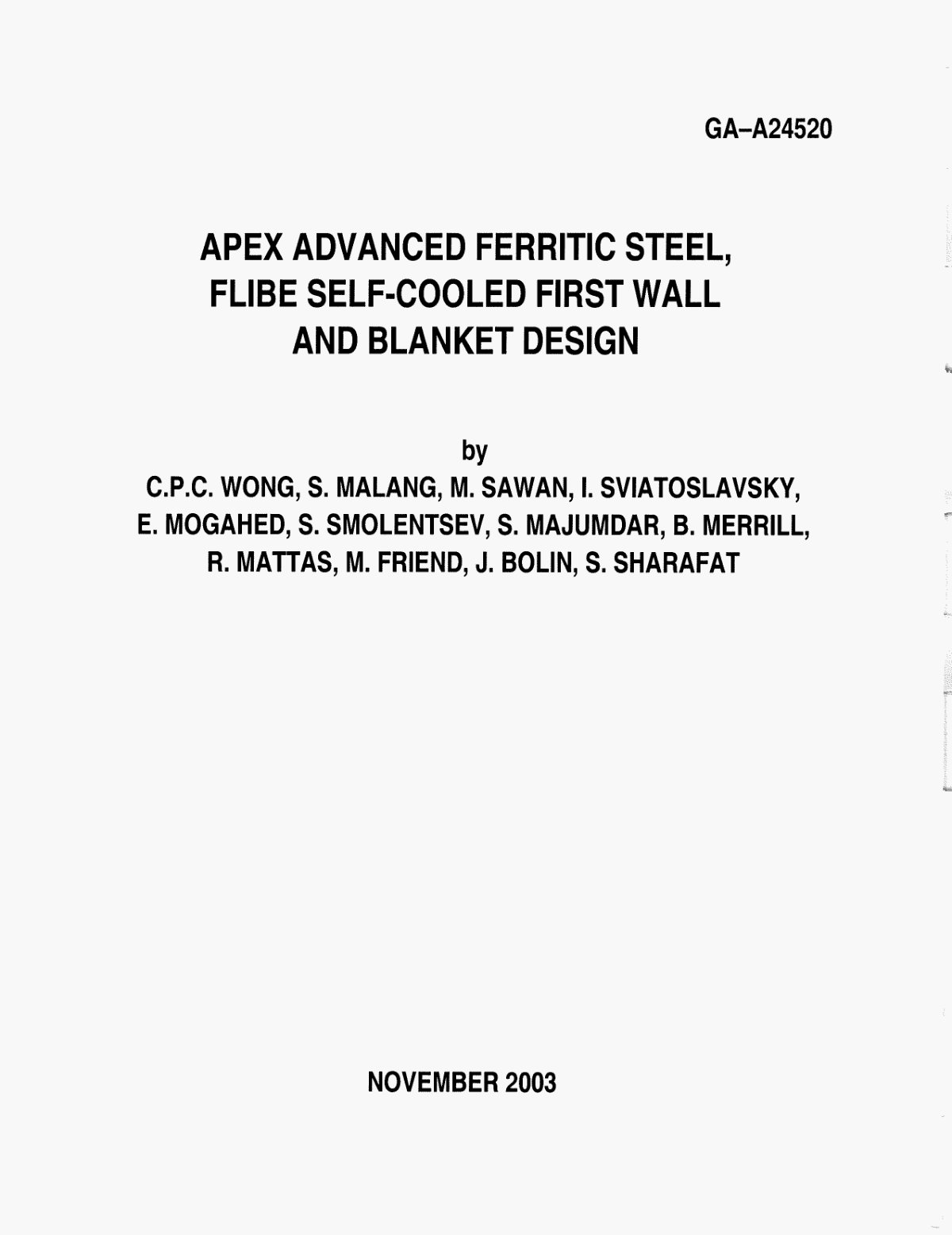 First page of APEX ADVANCED FERRITIC STEEL, AND BLANKET DESIGN FLIBE SELF-COOLED FIRST WALL