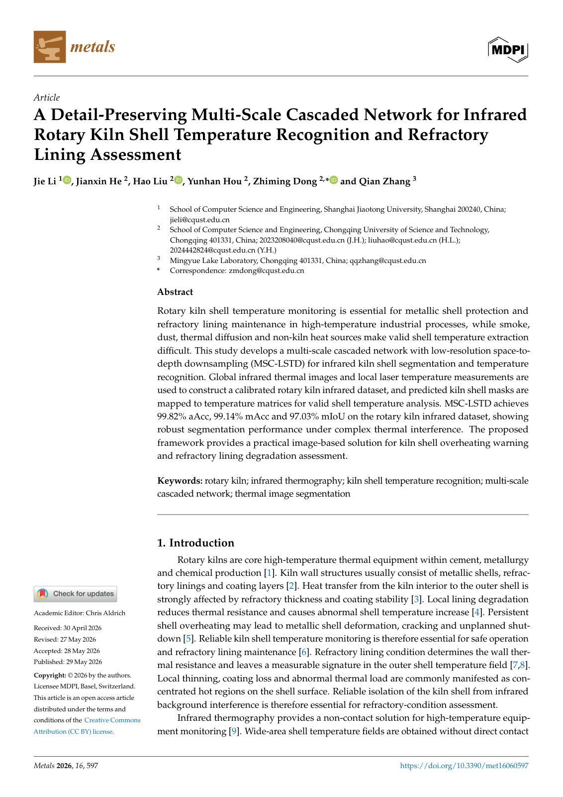 First page of A Detail-Preserving Multi-Scale Cascaded Network for Infrared Rotary Kiln Shell Temperature Recognition and Refractory Lining Assessment