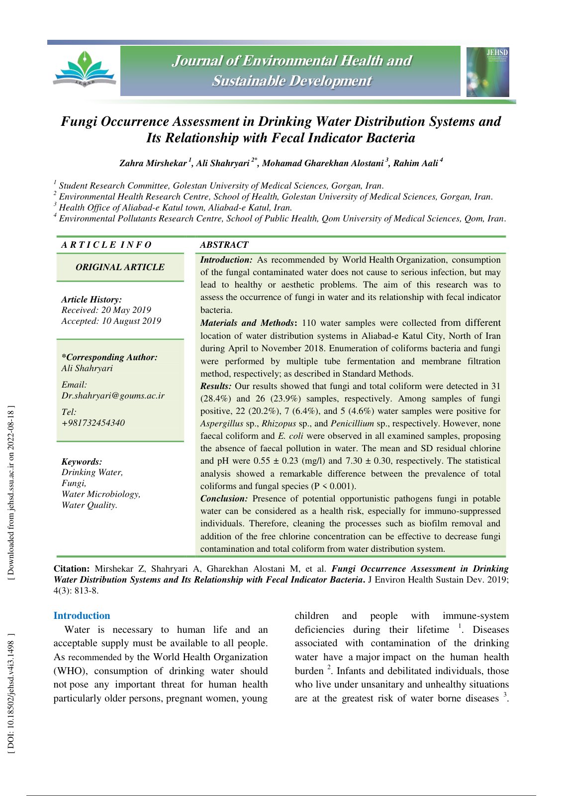 First page of Fungi Occurrence Assessment in Drinking