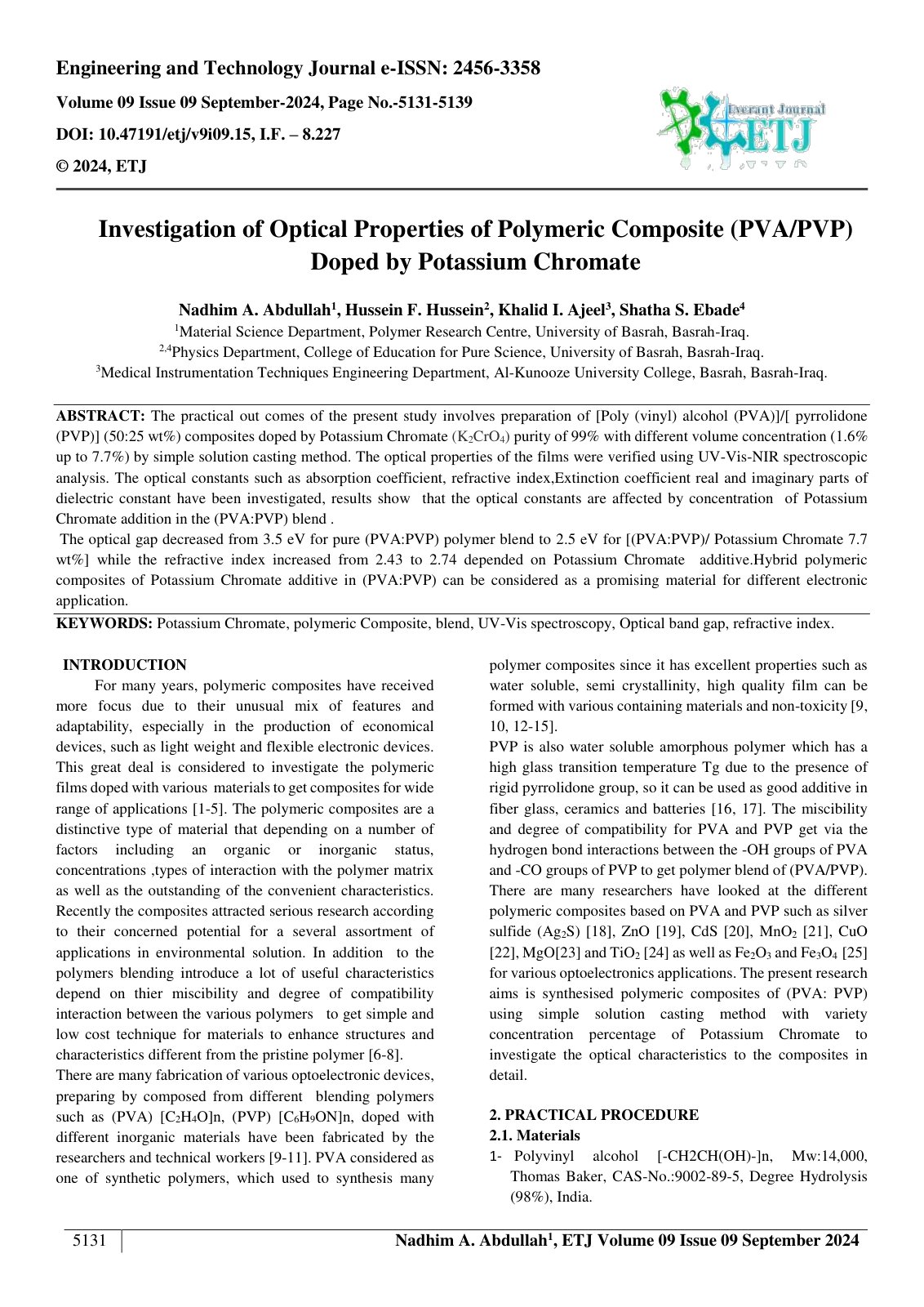 First page of Investigation of Optical Properties of Polymeric Composite (PVAPVP) 