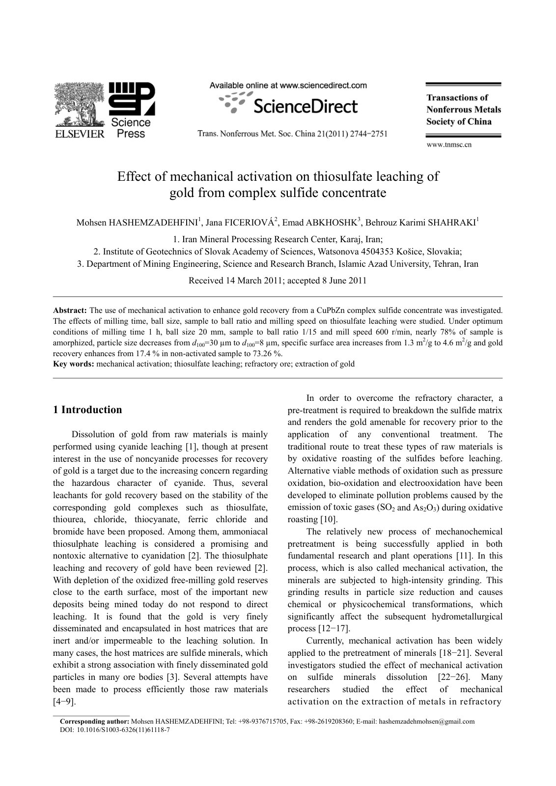 First page of Effect of mechanical activation on thios