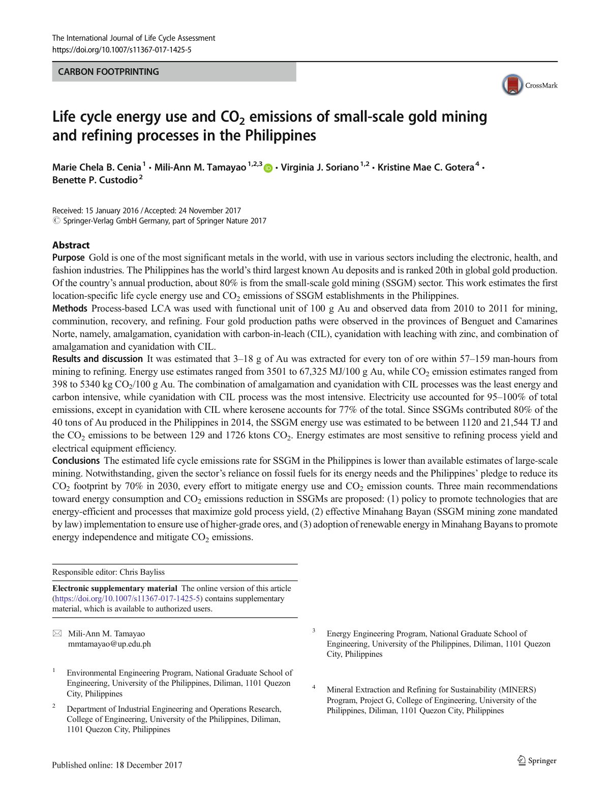 First page of Life cycle energy use and CO2 emissions of small-scale gold mining and refining processes in the Philippines