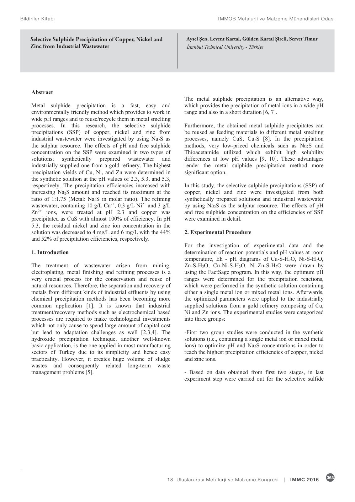 First page of Selective Sulphide Precipitation of Copper, Nickel and Zinc from Industrial Wastewater