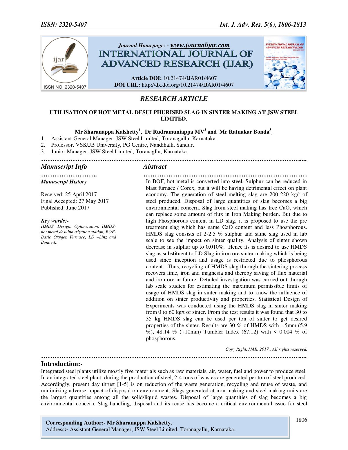 First page of UTILISATION OF HOT METAL DESULPHURISED S