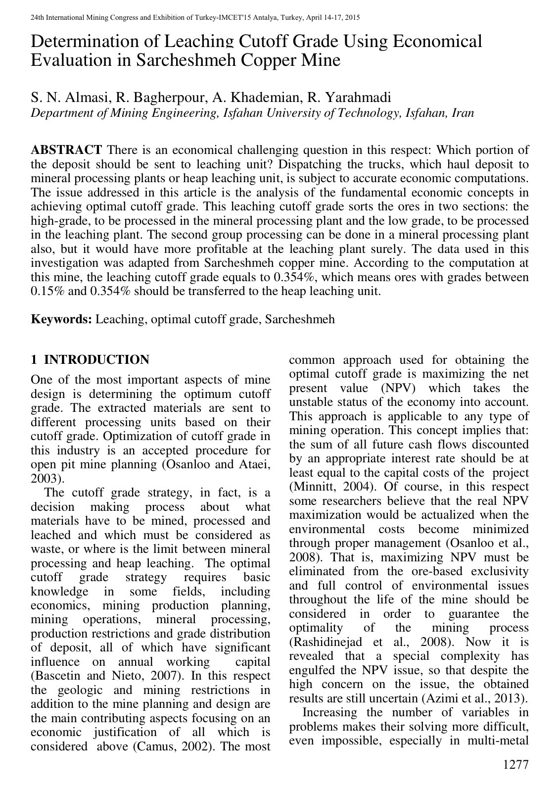 First page of Determination of Leaching Cutoff Grade