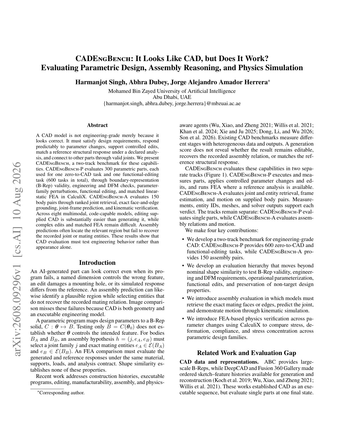 First page of 2026 Singh CADEngBench Engineering CAD