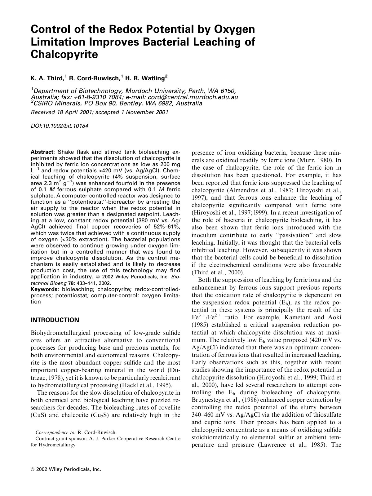 First page of Control of the redox potential by oxygen