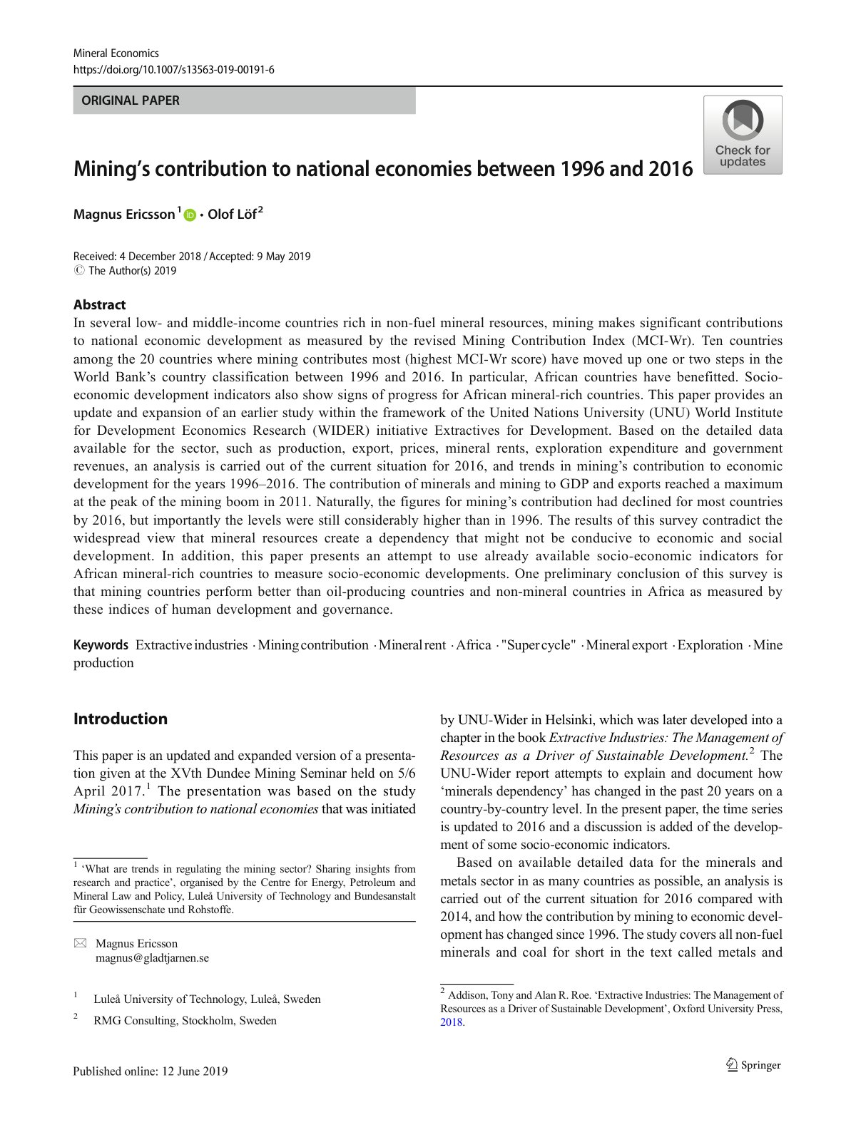 First page of Mining s contribution to national econom