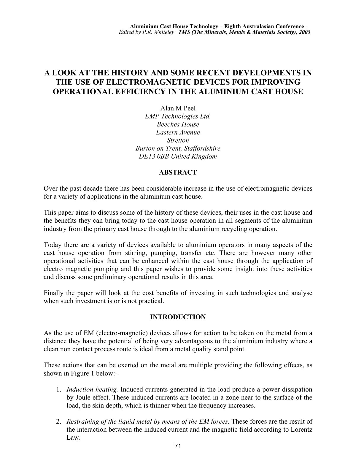 First page of A LOOK AT THE HISTORY AND SOME RECENT DEVELOPMENTS IN THE USE OF ELECTROMAGNETIC DEVICES FOR IMPROVING OPERATIONAL EFFICIENCY IN THE ALUMINIUM CAST HOUSE