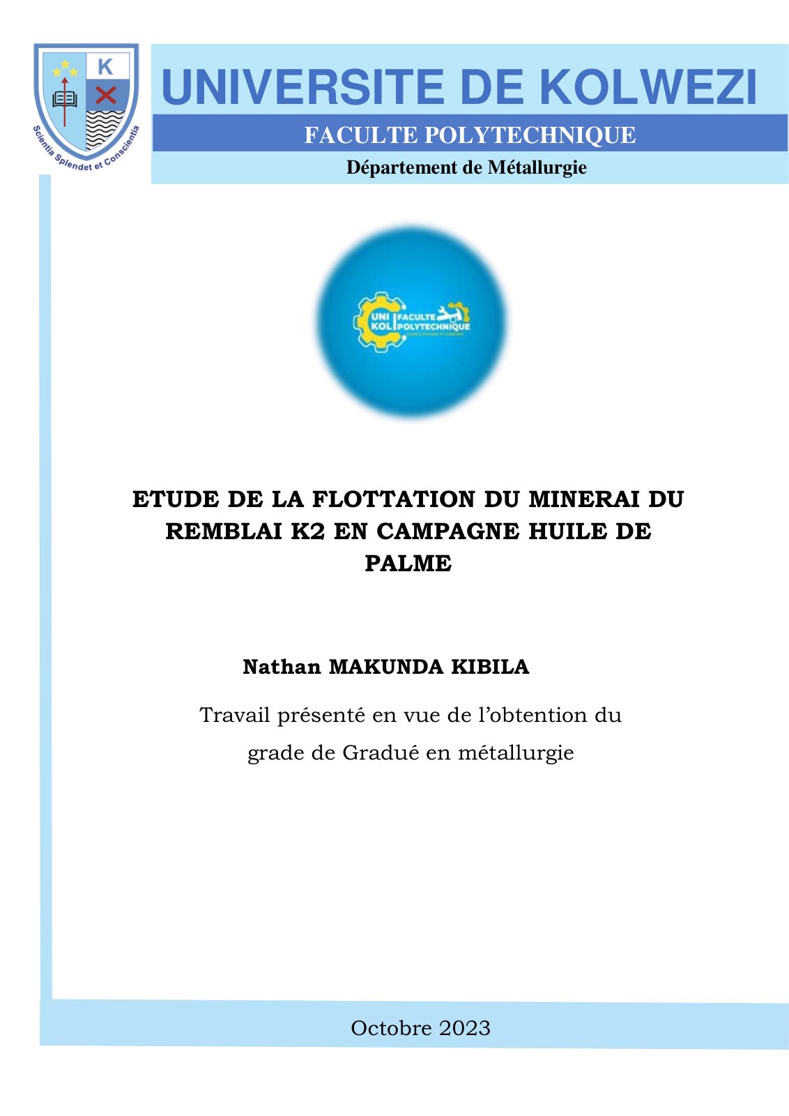 First page of ETUDE DE LA FLOTTATION DU MINERAI DU REMBLAI K2 EN CAMPAGNE HUILE DE PALME
