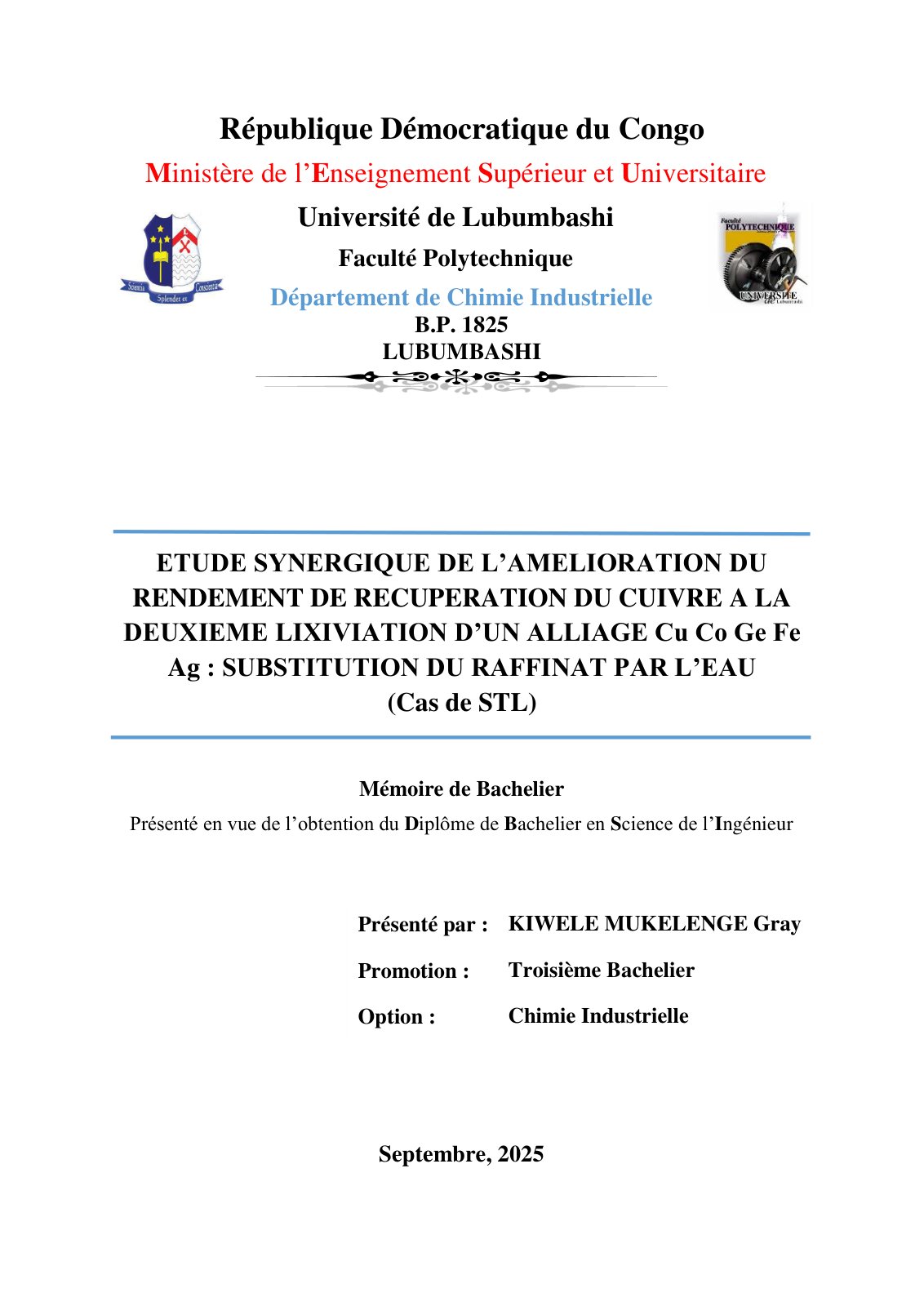 First page of ETUDE SYNERGIQUE DE L’AMELIORATION DU RENDEMENT DE RECUPERATION DU CUIVRE A LA DEUXIEME LIXIVIATION D’UN ALLIAGE Cu Co Ge Fe Ag : SUBSTITUTION DU RAFFINAT PAR L’EAU