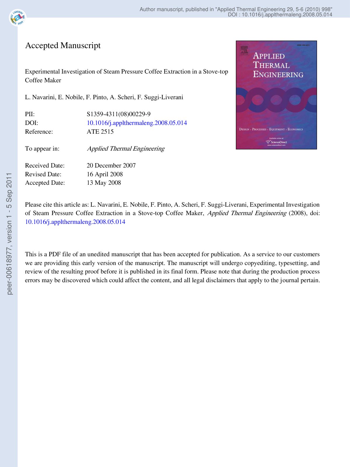 First page of Experimental Investigation of Steam Pressure Coffee Extraction in a Stove-top Coffee Maker